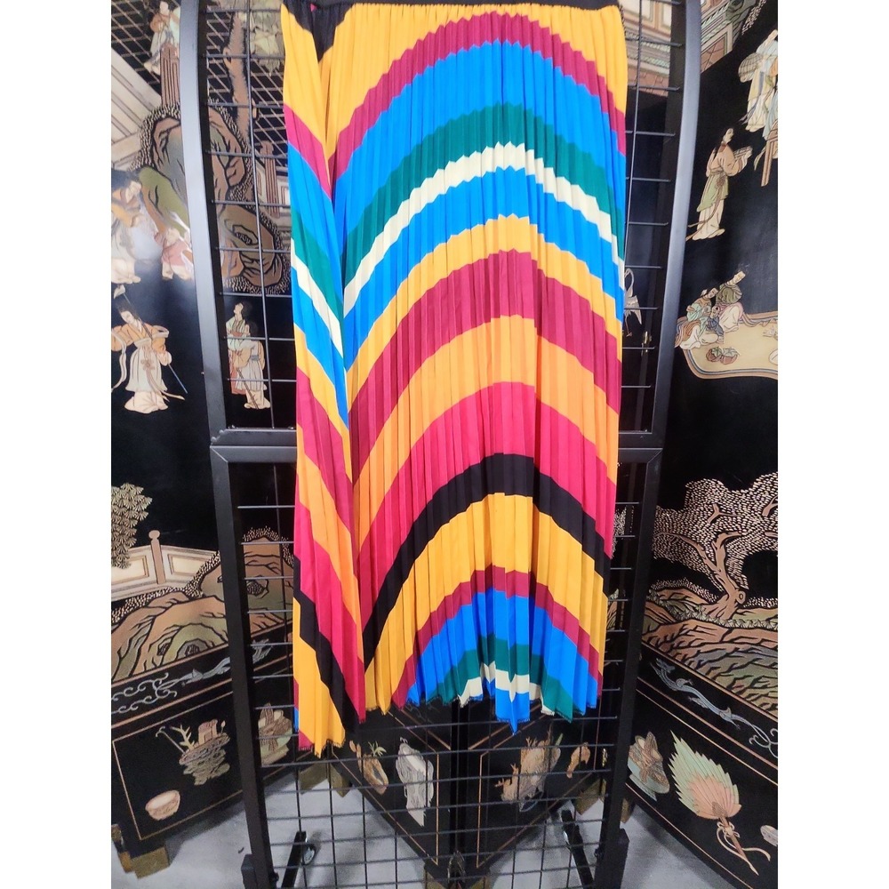 Sadie & Love Pleated Rainbow Midi Skirt | M | Elastic Waist | Striped Boho Pride - Picture 4 of 6